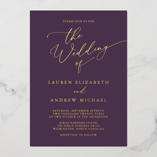 Purple Plum Gold Foil Monogram Minimalist Wedding (Front)