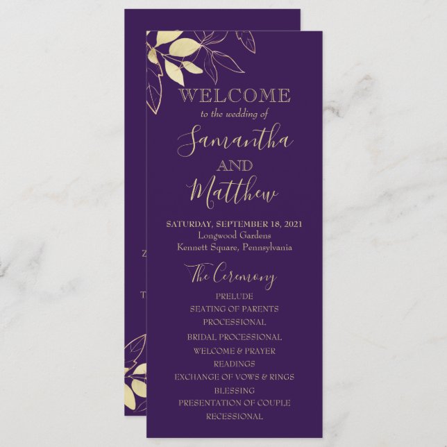 Purple Plum & Gold Foliage Botanical Wedding Programme (Front/Back)