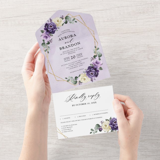 Purple Plum Ivory Gold Floral Geometric Wedding Al All In One Invitation (Tearaway)