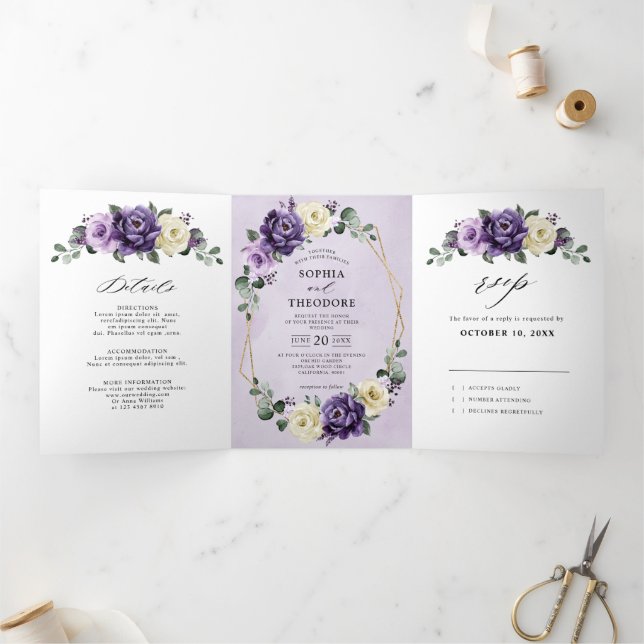 Purple Plum Ivory Gold Floral Geometric Wedding Tr Tri-Fold Announcement (Inside)