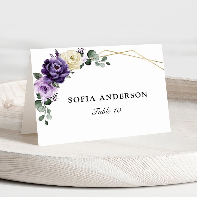 Purple Plum Ivory Gold  Guest Name  Place Card (Purple floral geometric place card)