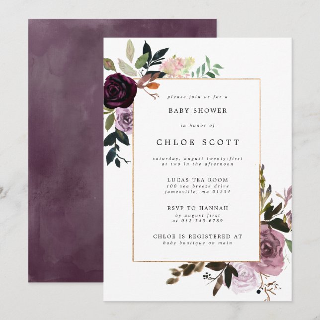 Purple Plum Mauve Pink Floral Baby Shower Invitation (Front/Back)