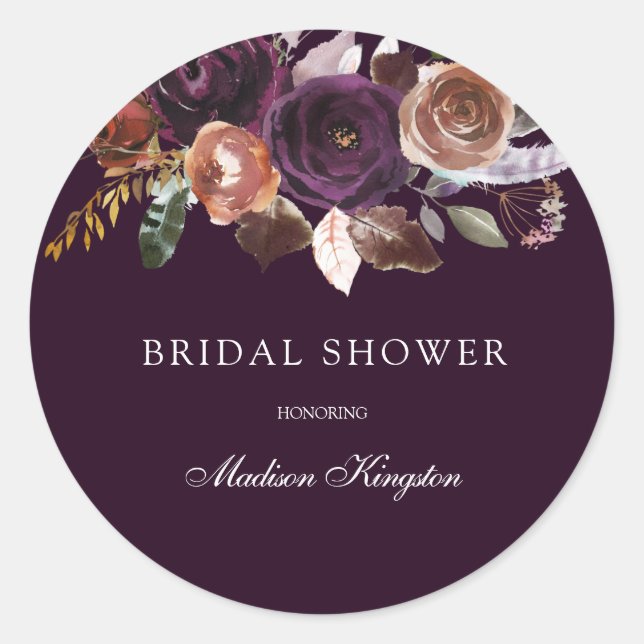 Purple Plum Peach Burgundy Flowers Bridal Shower Classic Round Sticker (Front)