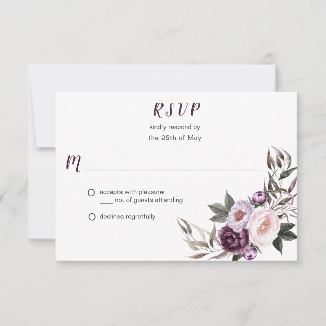 Purple Plum Pink Peonies Bouquet Greenery RSVP #2 Card (Front)