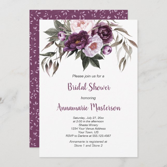 Purple Plum Pink Peonies Greenery Bridal Shower Invitation (Front/Back)