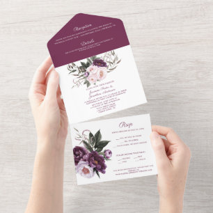 Purple Plum Pink Peonies Wedding All In One Invitation