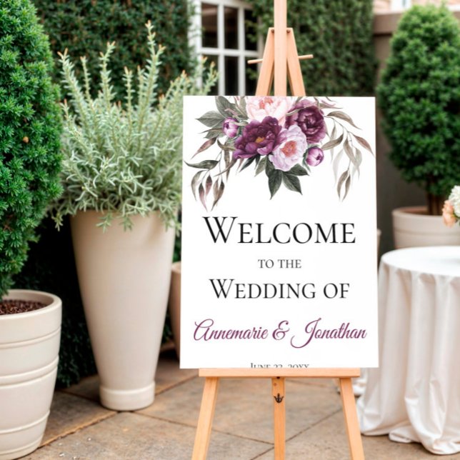 Purple Plum Pink Peonies Welcome to Our Wedding Poster (Creator Uploaded)