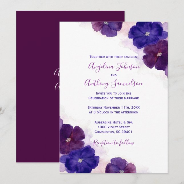 Purple Plum Royal Blue Watercolor Floral Wedding Invitation (Front/Back)