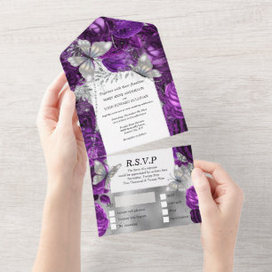 Purple plum silver butterfly shimmer glitter rose  all in one invitation