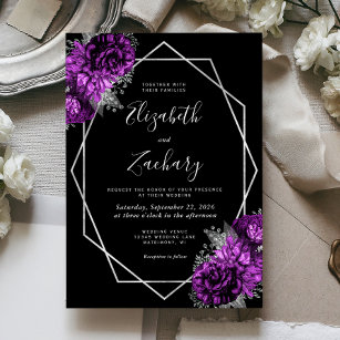 Purple Plum Silver Floral Black Wedding Invitation