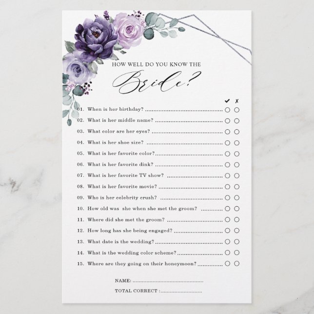 Purple Plum Silver Floral Bloom Bridal Shower Game (Front)