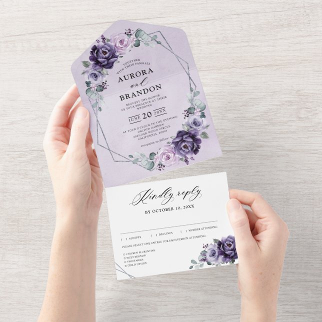Purple Plum Silver Floral Blooms Geometric Wedding All In One Invitation (Tearaway)