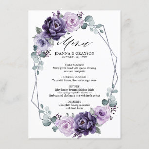Purple Plum Silver Floral Blooms Geometric Wedding Menu