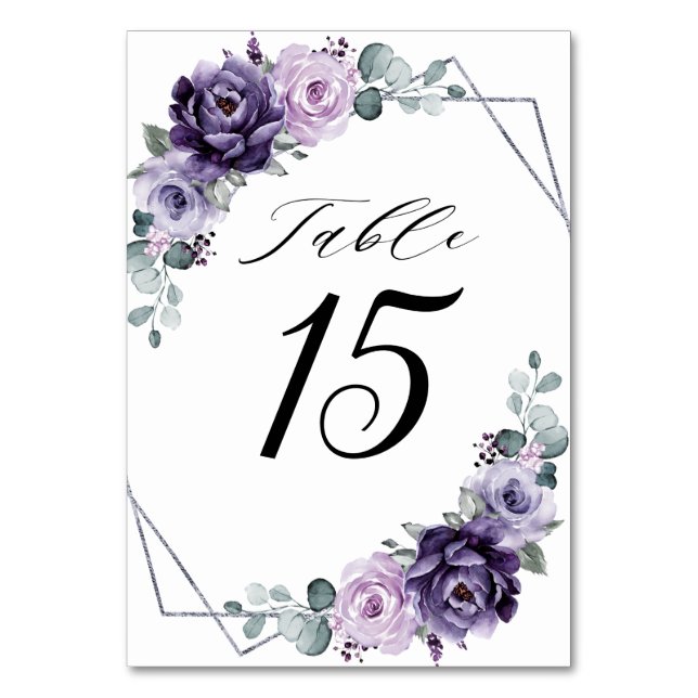 Purple Plum Silver Floral Blooms Geometric Wedding Table Number (Front)
