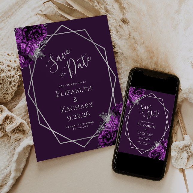 Purple Plum Silver Floral Geometric Save the Date (Creator Uploaded)