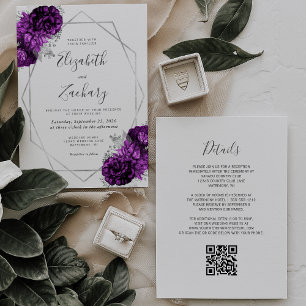 Purple Plum Silver Floral White QR Code Wedding Invitation