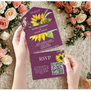 Purple Plum Sunflower QR Code All In One Invitation