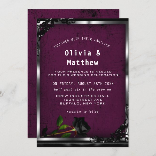 Purple Plum Tapestry and Black Rose Gothic Wedding Invitation (Front/Back)