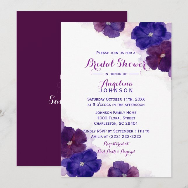 Purple Plum Violet Watercolor Floral Bridal Shower Invitation (Front/Back)