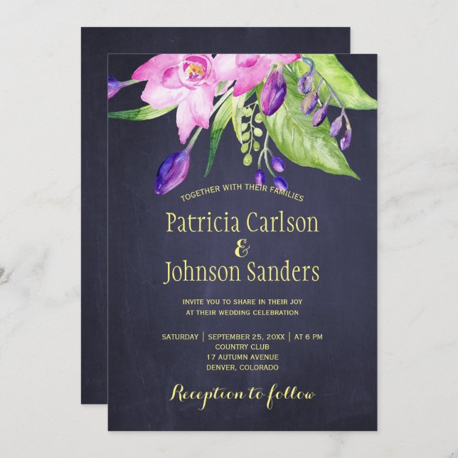 Purple plum watercolor summer floral wedding invitation (Front/Back)