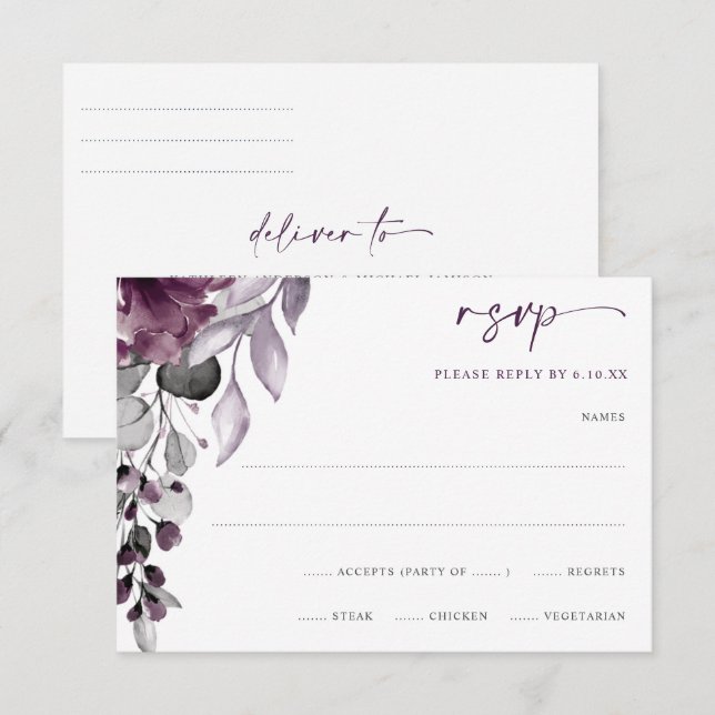 Purple Plum Wedding Watercolor Floral Foliage RSVP Card (Front/Back)