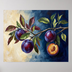 Purple Plums Branch Contrast Oil Painting Art Poster