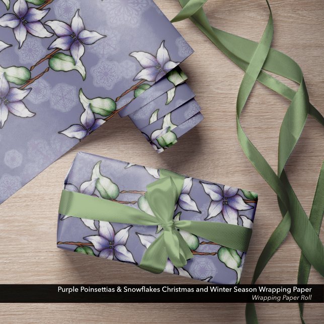 Purple Poinsettias & Snowflakes Christmas Winter Wrapping Paper (Purple Poinsettias & Snowflakes Christmas and Winter Season Wrapping Paper Roll)