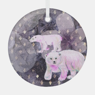 Purple Polar Bears - Arctic Animals Retro Pattern Glass Tree Decoration