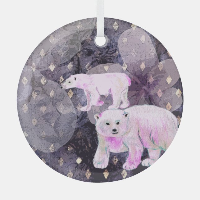 Purple Polar Bears - Arctic Animals Retro Pattern Glass Tree Decoration (Front)
