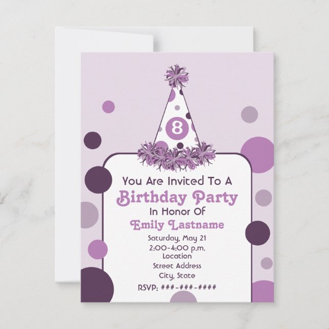 Purple Polka Dot Birthday Party Hat Invite (Front)