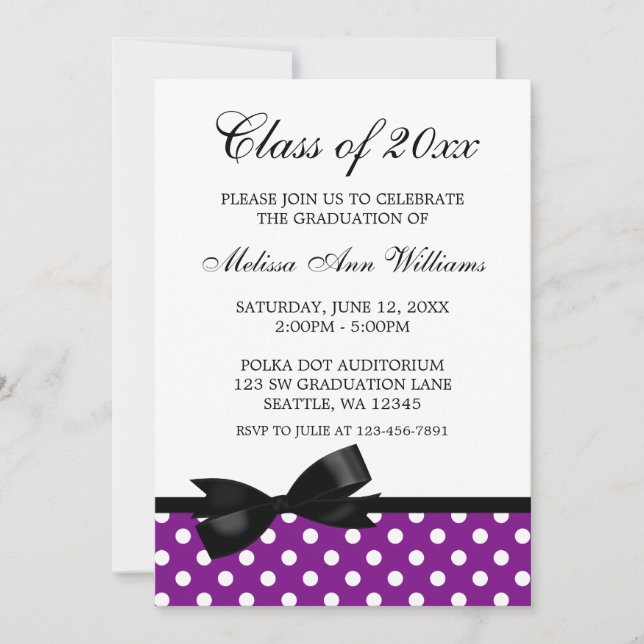 Purple Polka Dot Black Bow Graduation Announcement (Front)