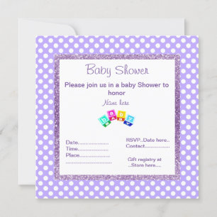 PURPLE POLKA DOT blocks glitter BABY SHOWER Invitation