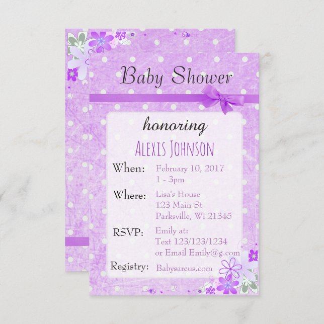 Purple  Polka Dot Bow Girl Baby Shower Invitations (Front/Back)
