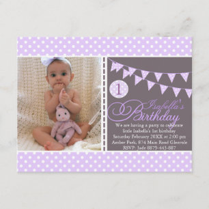 Purple Polka Dot Bunting First Birthday Invite