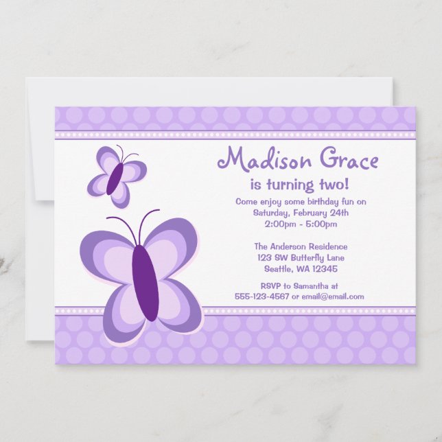 Purple Polka Dot Butterfly Birthday Invitations (Front)