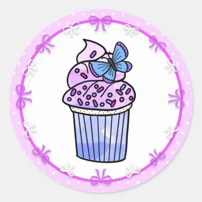 Purple Polka Dot Cupcake and Butterfly Birthday Classic Round Sticker (Front)