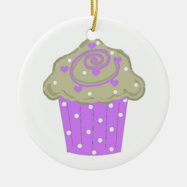 Purple Polka Dot Cupcake Ceramic Tree Decoration (Front)