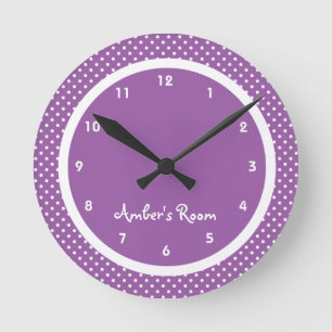 Purple Polka Dot Kid's Bedroom Round Clock