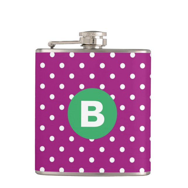 Purple Polka Dot Pattern Green Monogram Hip Flask (Front)