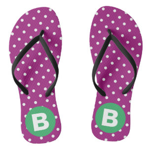 Purple Polka Dot Pattern Green Monogram Jandals