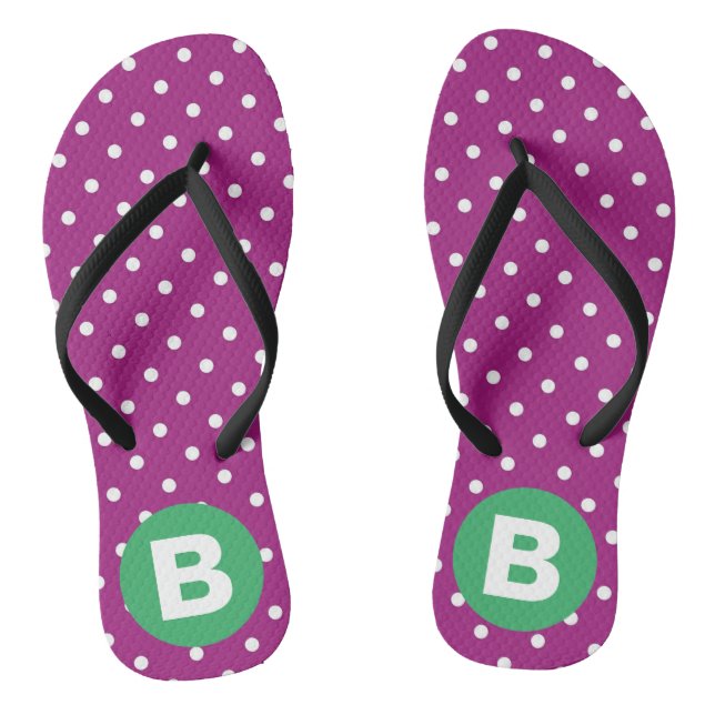Purple Polka Dot Pattern Green Monogram Jandals (Footbed)