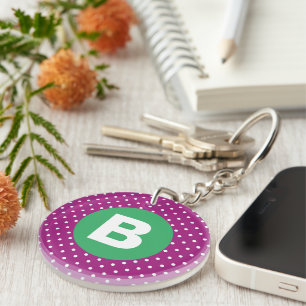 Purple Polka Dot Pattern Green Monogram Key Ring