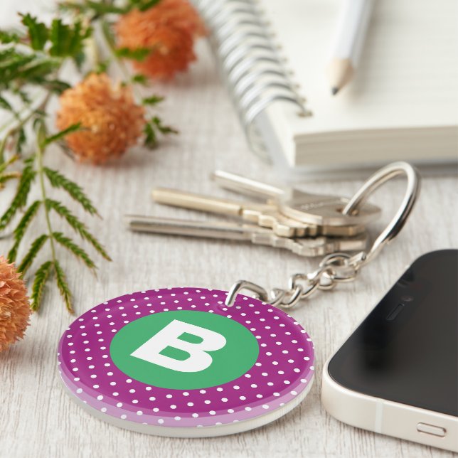 Purple Polka Dot Pattern Green Monogram Key Ring (Front Right)