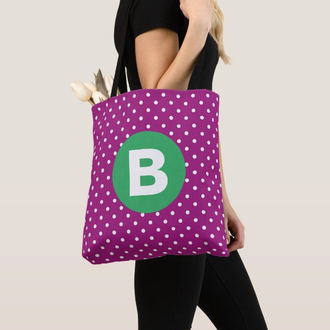 Purple Polka Dot Pattern Green Monogram Tote Bag (Close Up)