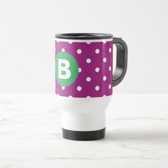 Purple Polka Dot Pattern Green Monogram Travel Mug (Front Right)