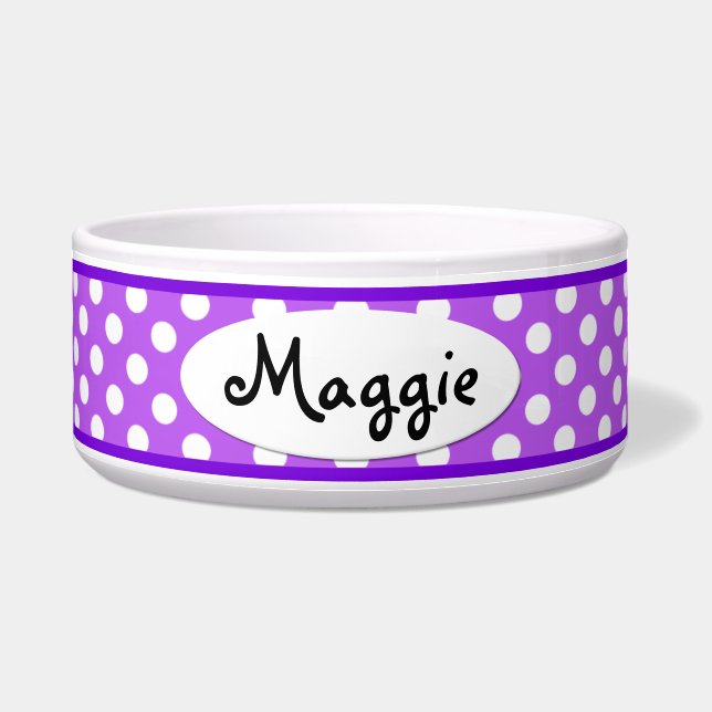 Purple Polka Dot Personalised Ceramic Dog Bowl (Front)