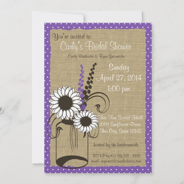 Purple Polka Dots Jar and Flowers Bridal Shower Invitation (Front)