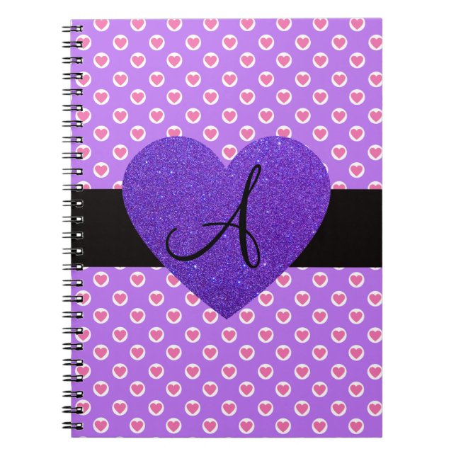 Purple polka dots monogram hearts spiral notebook (Front)
