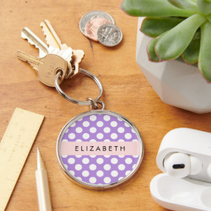 Purple Polka Dots, Polka Dot Pattern, Your Name Key Ring