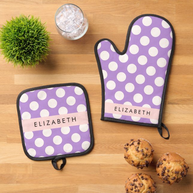 Purple Polka Dots, Polka Dot Pattern, Your Name Oven Mitt & Pot Holder Set (Top Down)